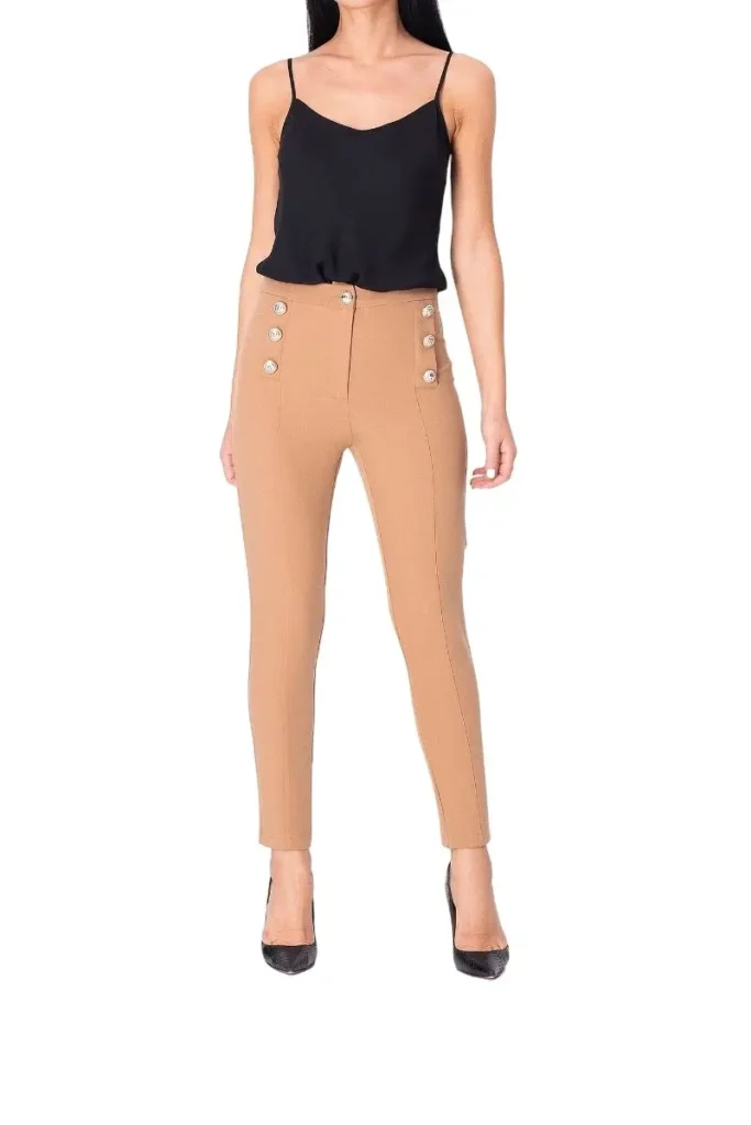 Beata Elegant Gold Button High Waist Skinny Pants - Double-Breasted Office Trousers - Motrati
