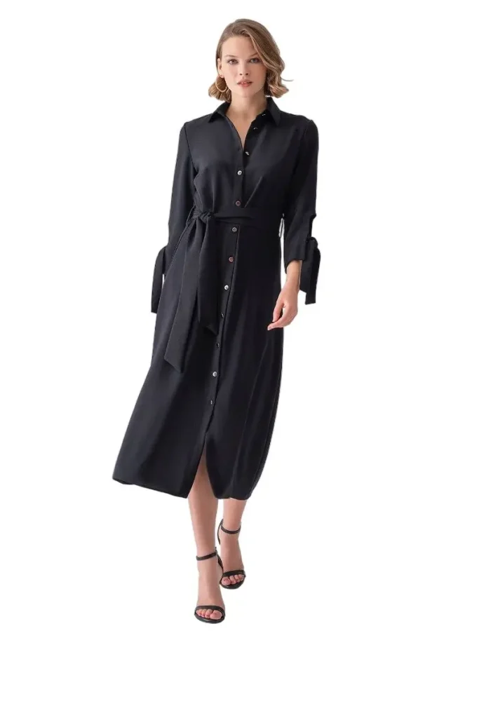 MOTRATi Emily black button-up dress – classic black button-up dress with sleek design, perfect for professional office wear or chic evening outings