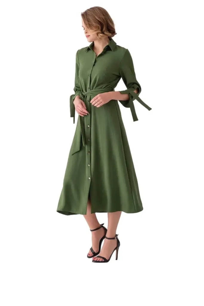 Emily Elegant Button-Up Shirt Dress with Tie Belt and Three-Quarter Sleeves - Motrati