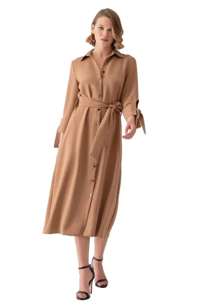 MOTRATi Emily camel button-up dress – sophisticated camel-colored button-up dress, perfect for office wear, business meetings, or stylish daytime events