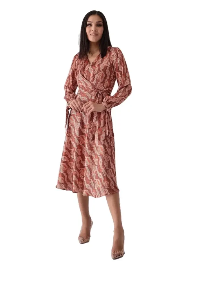 Laura Geometric Print A-Line Dress with Silky Fabric and Tie Details - Motrati