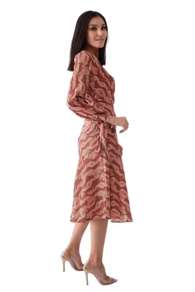 MOTRATi Laura wrap dress – stylish camel print wrap dress, perfect for daytime events, casual chic outings, and versatile office wear