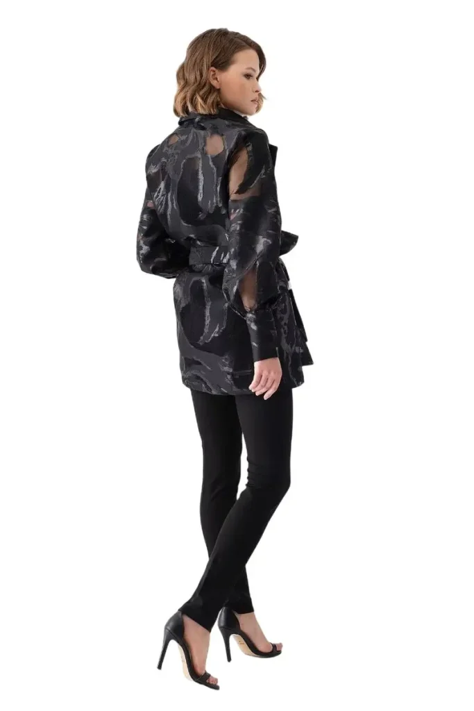 Chic women's sheer black organza wrap jacket — lightweight and elegant, perfect for formal events, cocktail evenings, or stylish layering over dresses. A sophisticated fashion piece combining modern edge with timeless glamour.