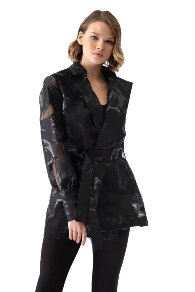 Elegant Printed Organza Wrap Jacket with Sheer Details - Motrati