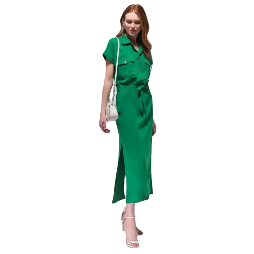 MOTRATi Vicenza maxi dress – elegant green dress with structured collar, perfect for upscale events and evening wear