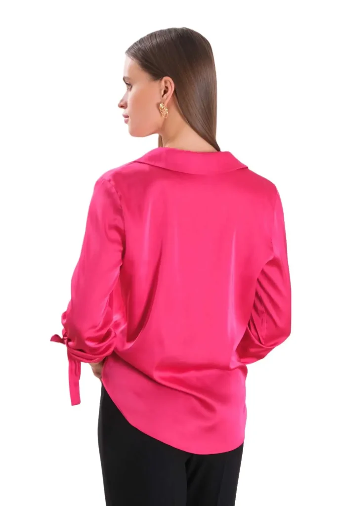 Alba satin fuchsia long-sleeve collared blouse – vibrant and elegant satin blouse, perfect for professional or evening wear, offering a luxurious feel and chic, polished look
