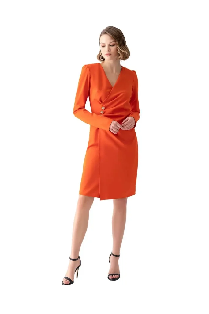 Alessandra Professional Woman in an Elegant Orange Midi Business Dress with Gold Buttons - Motrati