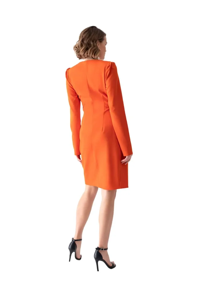 Alessandra orange knee-length dress with gold buttons – elegant and fashionable dress, perfect for daytime events, office wear, or brunches, featuring a flattering knee-length design and stylish gold button accents