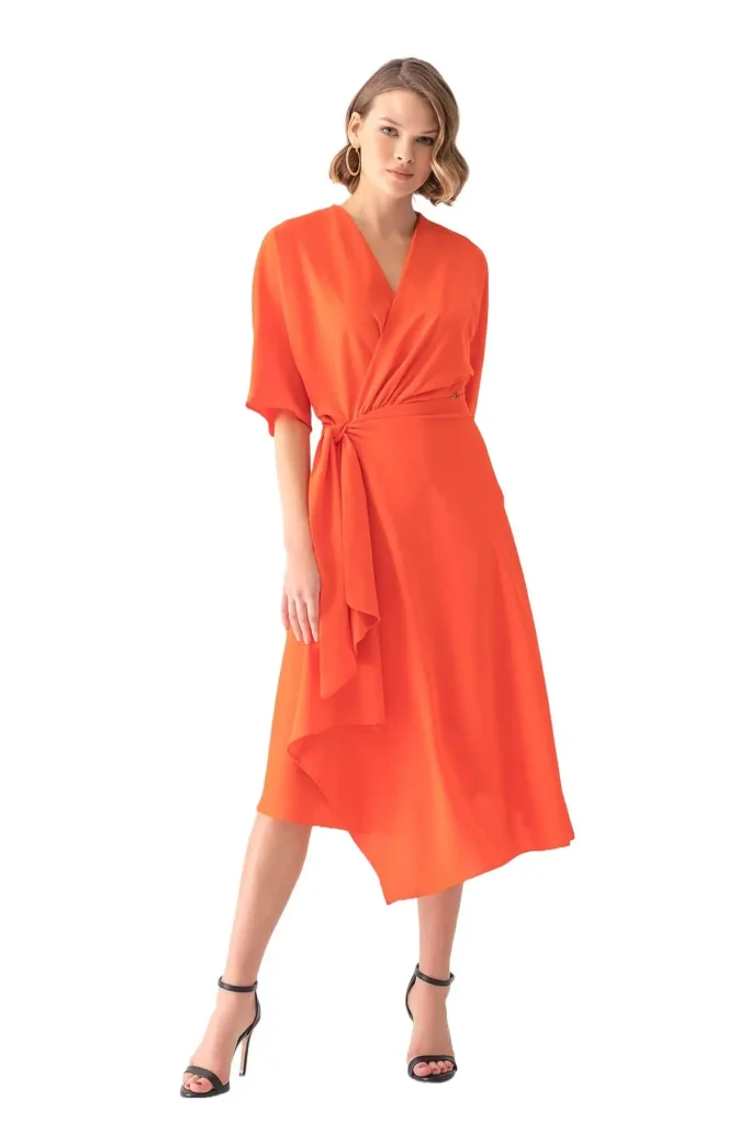 Anastasia Vibrant Orange Asymmetrical Fit Flare Dress with Butterfly Sleeves - Motrati