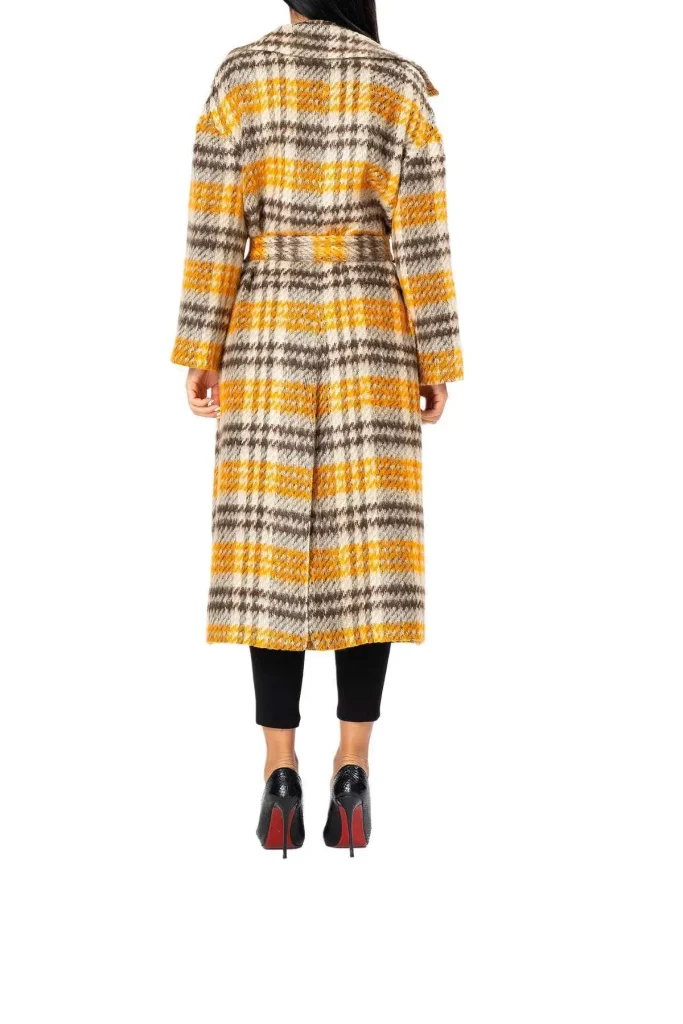 Aurora long checkered orange coat – vibrant and stylish women's outerwear, perfect for adding a pop of color to fall and winter outfits, ideal for casual and chic looks