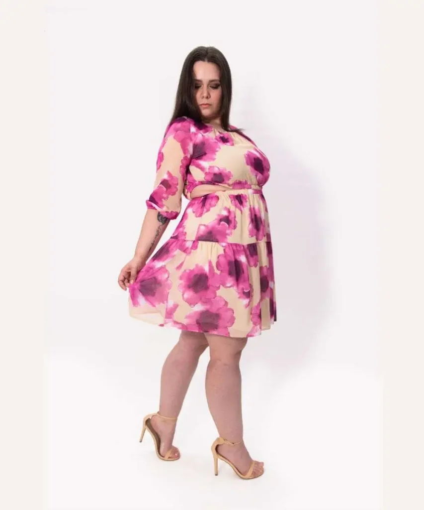 Cesara Three Quarter Sleeve Floral Dress with Detachable Panels - Motrati