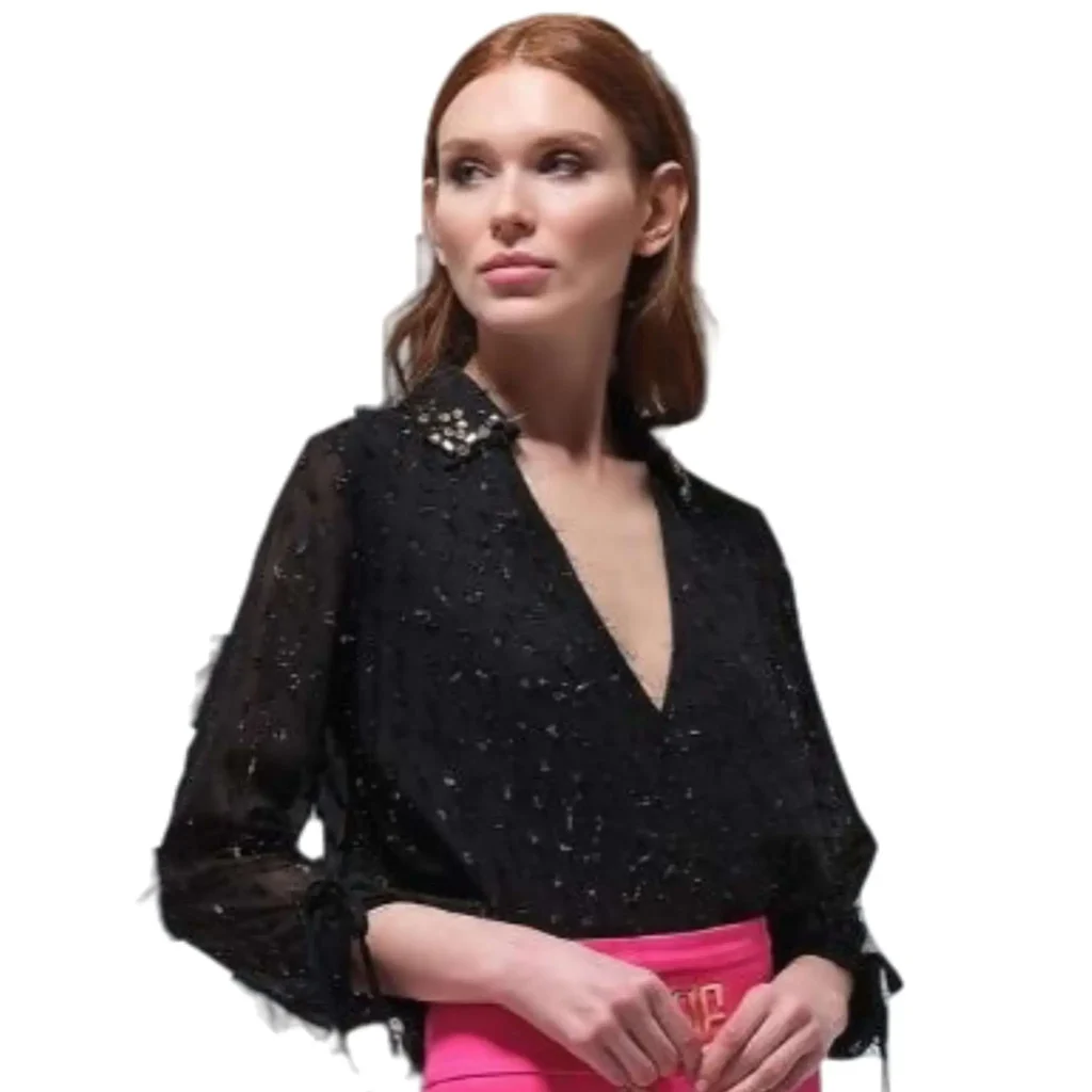 Gemma black blouse, featuring a sleek and elegant design with a flattering fit. Perfect for both casual and semi-formal occasions, this versatile black blouse offers a timeless, chic look that complements any wardrobe.