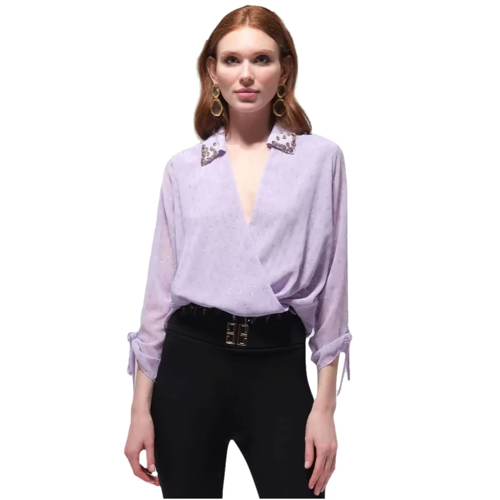Gemma Stone Collar Draped Blouse - Embellished Evening Top - Motrati