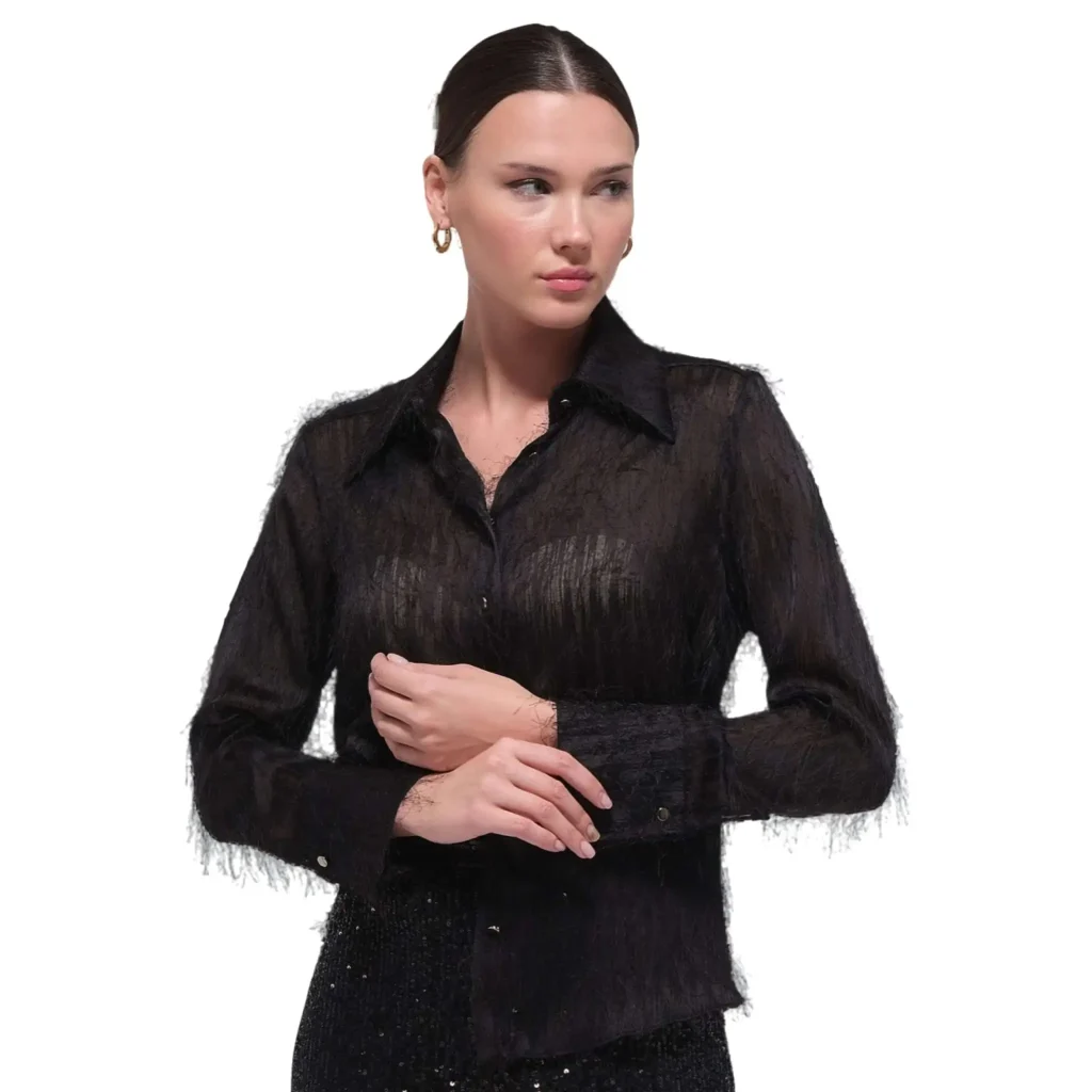 Chic white long-sleeve blouse for women, featuring a button-up design, perfect for professional office or corporate wear.