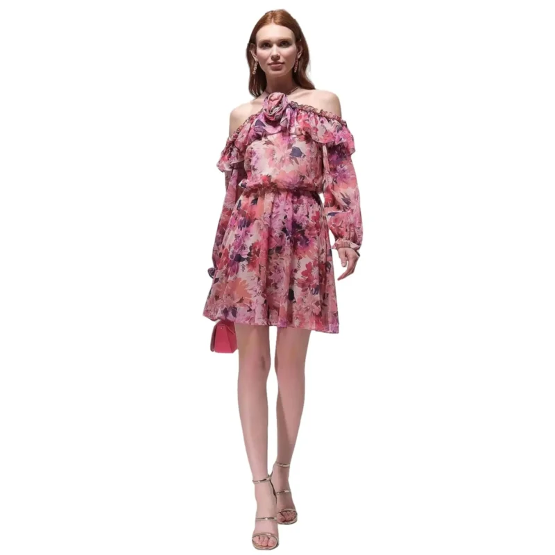 Shop the Lia floral print pink dress, a vibrant off-shoulder style perfect for warm weather. Featuring a playful floral pattern, ruffled details, and a flattering fit-and-flare silhouette, this dress combines elegance with a fun, feminine vibe. Ideal for summer parties, brunches, or any occasion that calls for a touch of chic and comfort.