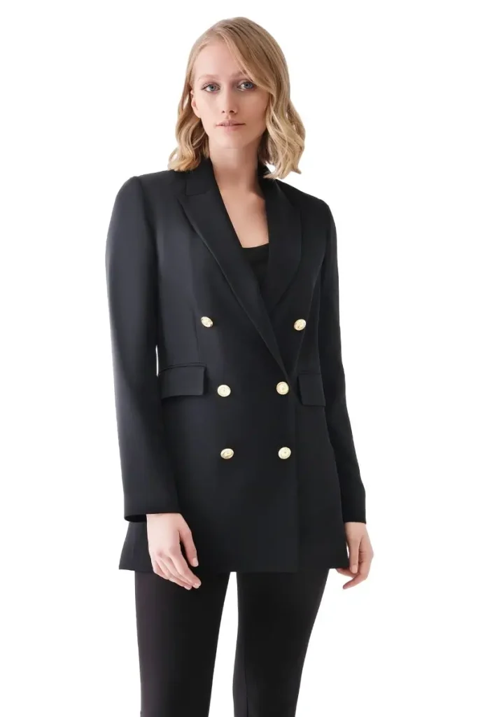 MOTRATi Lorenza black double-breasted jacket – sleek, tailored black jacket with double-breasted style, perfect for office wear and professional attire