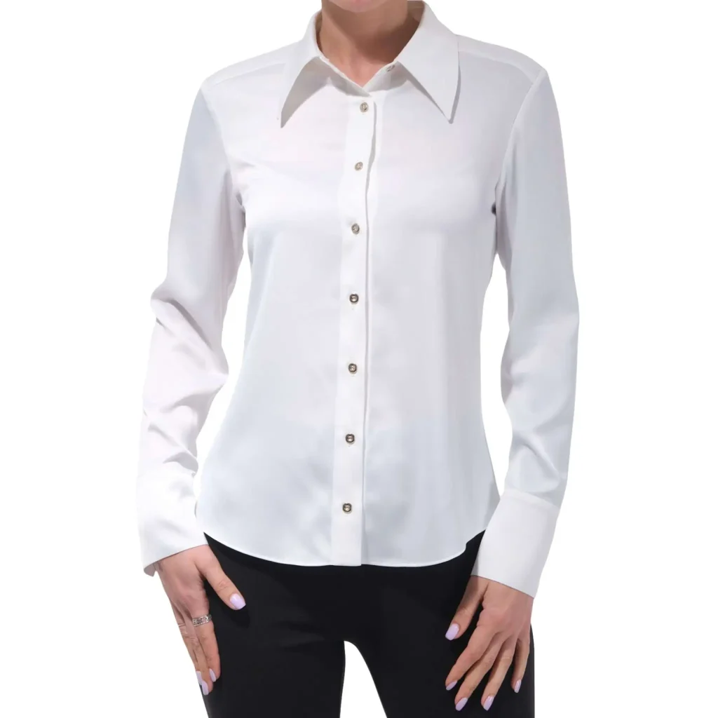 Chic white silk button-up collared shirt for women, featuring long sleeves, stylish gold buttons, and a tailored fit, perfect for creating a sophisticated office look or a casual summer outfit. Ideal for layering with trousers or skirts, offering comfort and elegance for everyday wear, business meetings, or evening events.