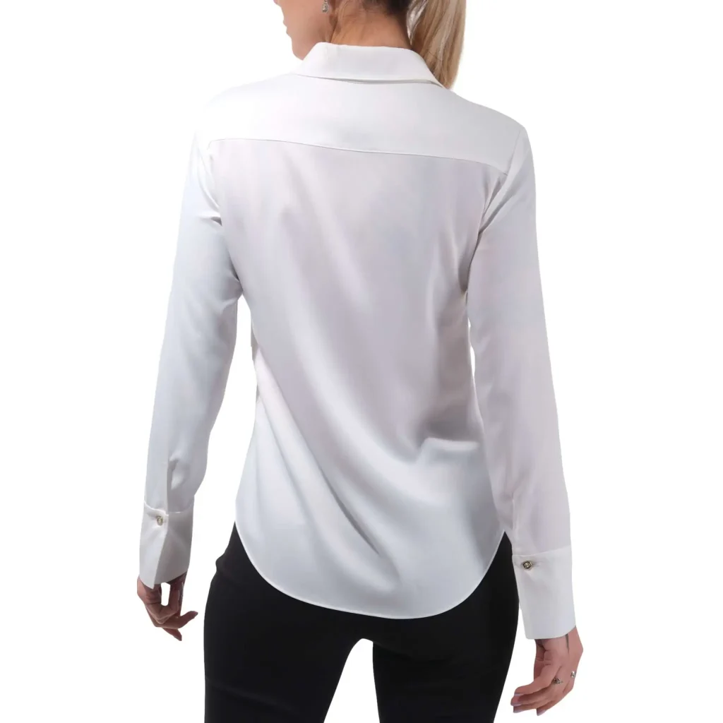 Elegant women's white button-up silk shirt with long sleeves, featuring a classic collar and sleek design, perfect for professional and formal wear.