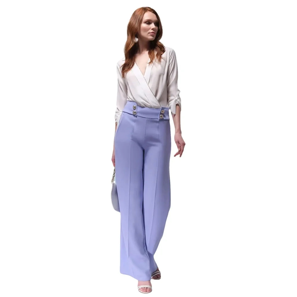 Elegant white blouse with a deep V-neck and three-quarter sleeves, perfect for a sophisticated office look or casual chic outing. The blouse is paired with high-waisted light purple trousers, ideal for modern fashion enthusiasts. Styled with a minimalist approach, this outfit exudes confidence and versatility, making it a perfect choice for summer events or professional meetings.