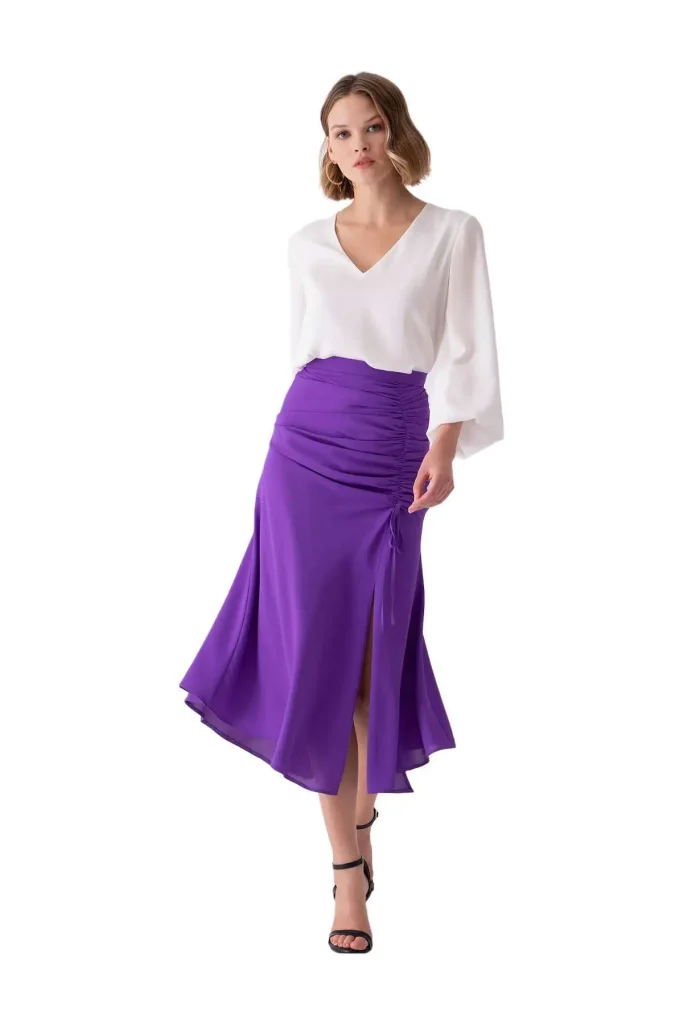 Rochelle Ruched Midi Skirt with Bow Detail in Vibrant Purple - Motrati