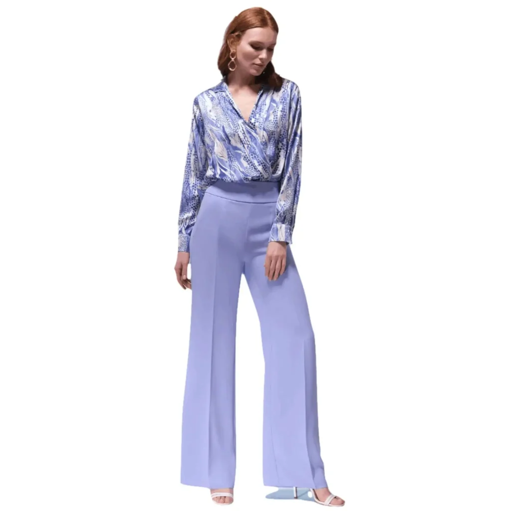 Stella lilac wide-leg trousers paired with a patterned wrap blouse, perfect for a stylish office or casual look.