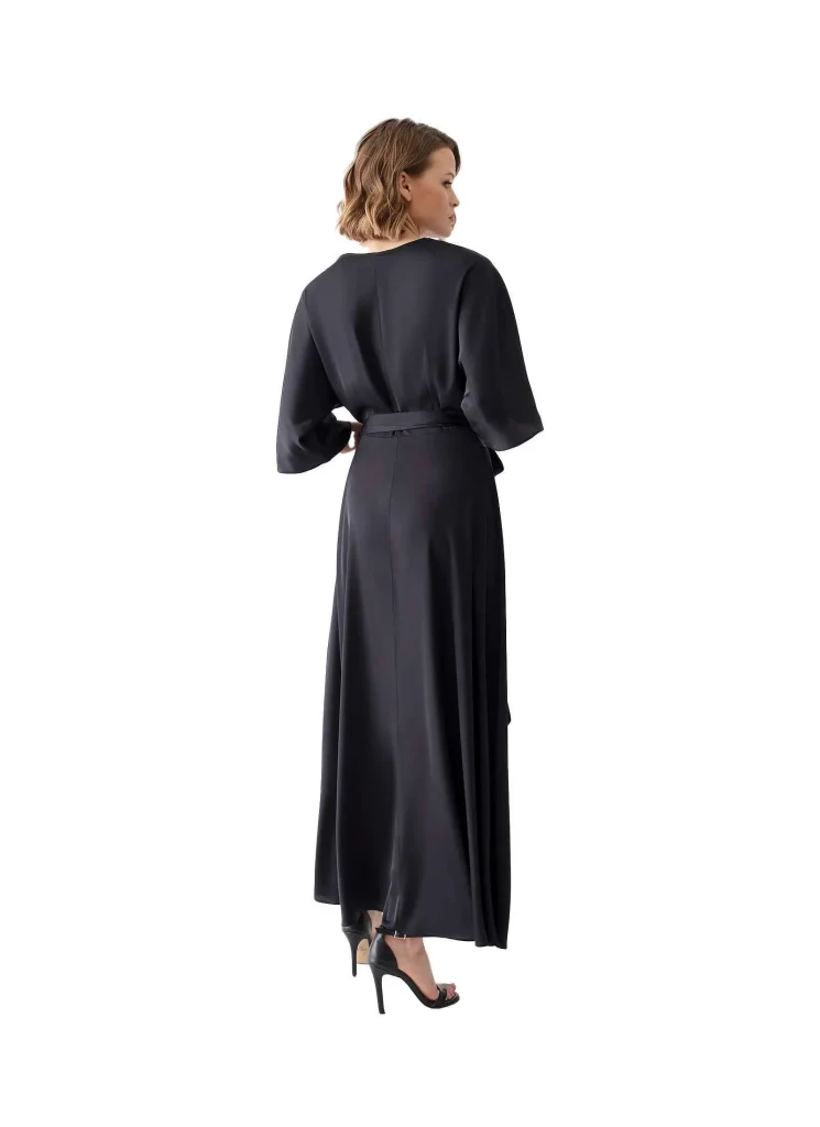 Vittoria long black satin wrap dress – sophisticated and elegant satin dress, perfect for evening events, formal occasions, or special celebrations, offering a flattering wrap design and classic black color