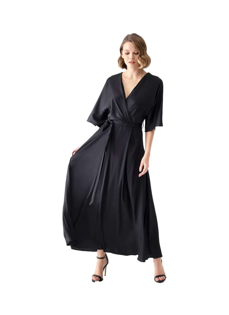 Vittoria long black satin wrap dress – elegant and timeless satin dress, perfect for evening wear, formal events, or special occasions, featuring a flattering wrap design and sophisticated black hue
