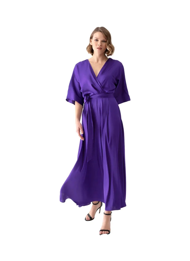 Vittoria long purple satin wrap dress – elegant and luxurious satin dress, perfect for formal events, evening wear, or weddings, offering a flattering wrap design and sophisticated purple hue