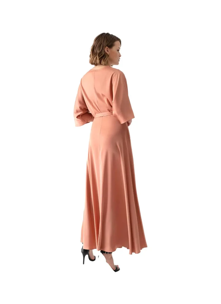 Vittoria long satin wrap nude dress – chic and elegant satin dress, perfect for evening events, formal occasions, or weddings, featuring a flattering wrap design and timeless nude color