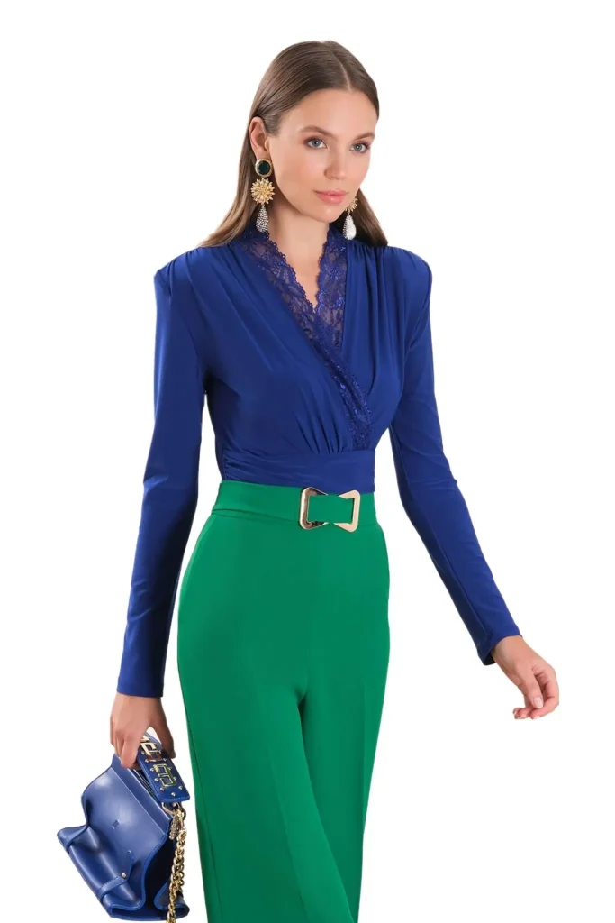Zina long-sleeve navy blouse bodysuit with lace – elegant and stylish bodysuit, featuring delicate lace detailing, perfect for a chic evening look or layered outfits