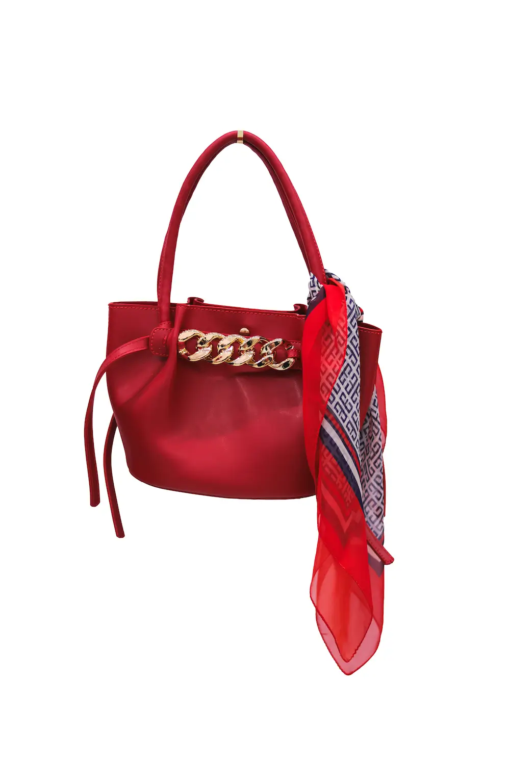 Chic red leather handbag with gold chain details, accessorized with a colorful red and navy scarf, perfect for adding elegance and style to any outfit.