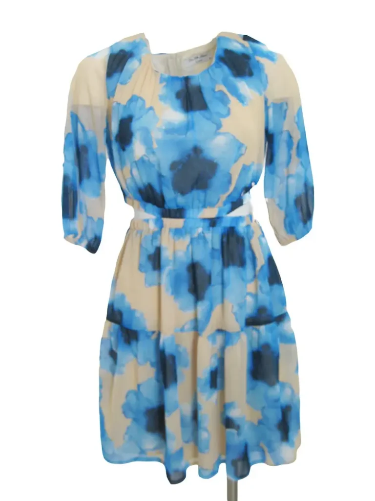 Cesara Three Quarter Sleeve Floral Dress with Detachable Panels in blue color- Motrati