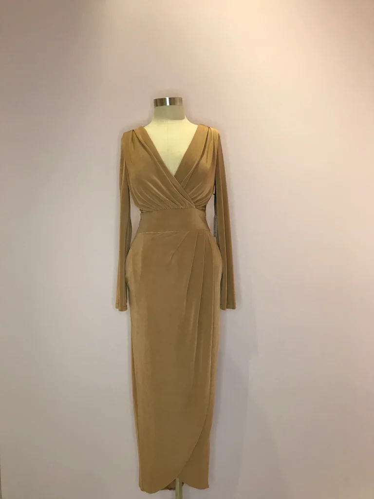Concetta Long Sleeve Bodycon Dress with Pockets in camel color - Motrati