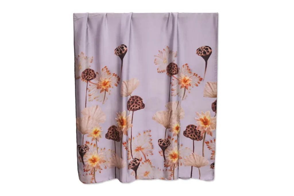 Soft lilac silk scarf with exotic brown and orange floral print – elegant botanical fashion piece by Motrati