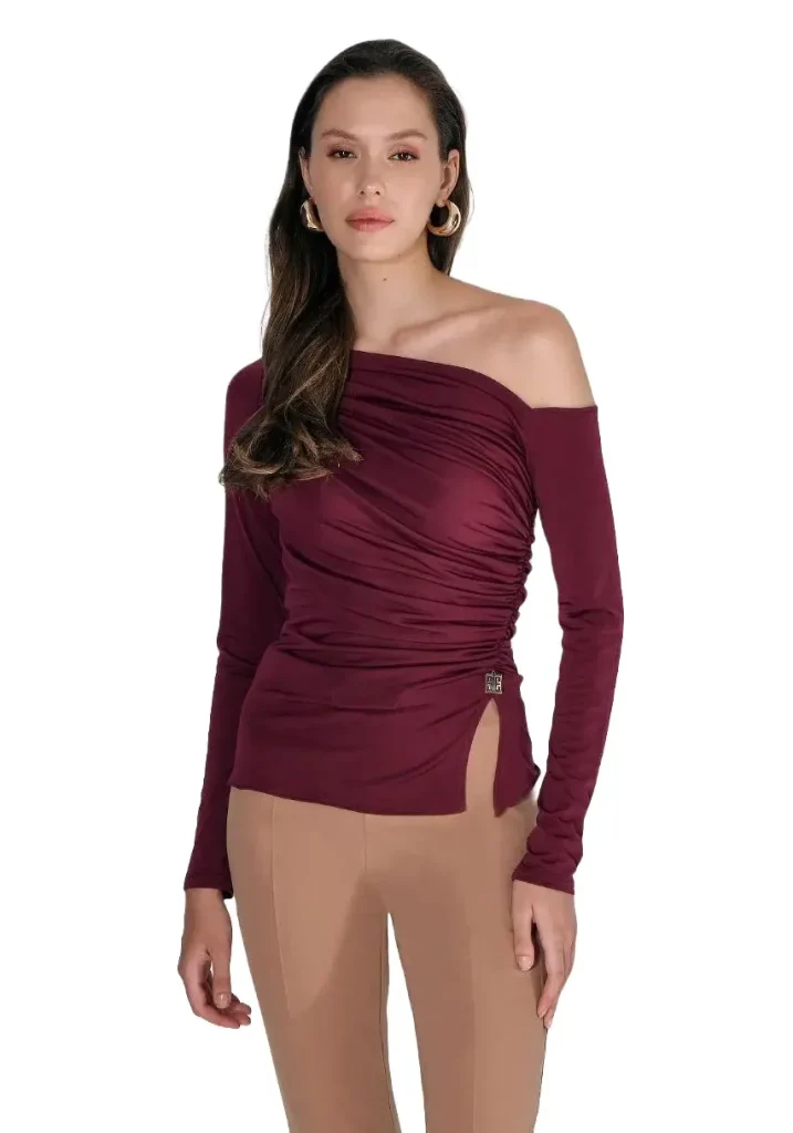 One Shoulder Fitted Top - Burgundy and Olive Green Ruched Design - Motrati