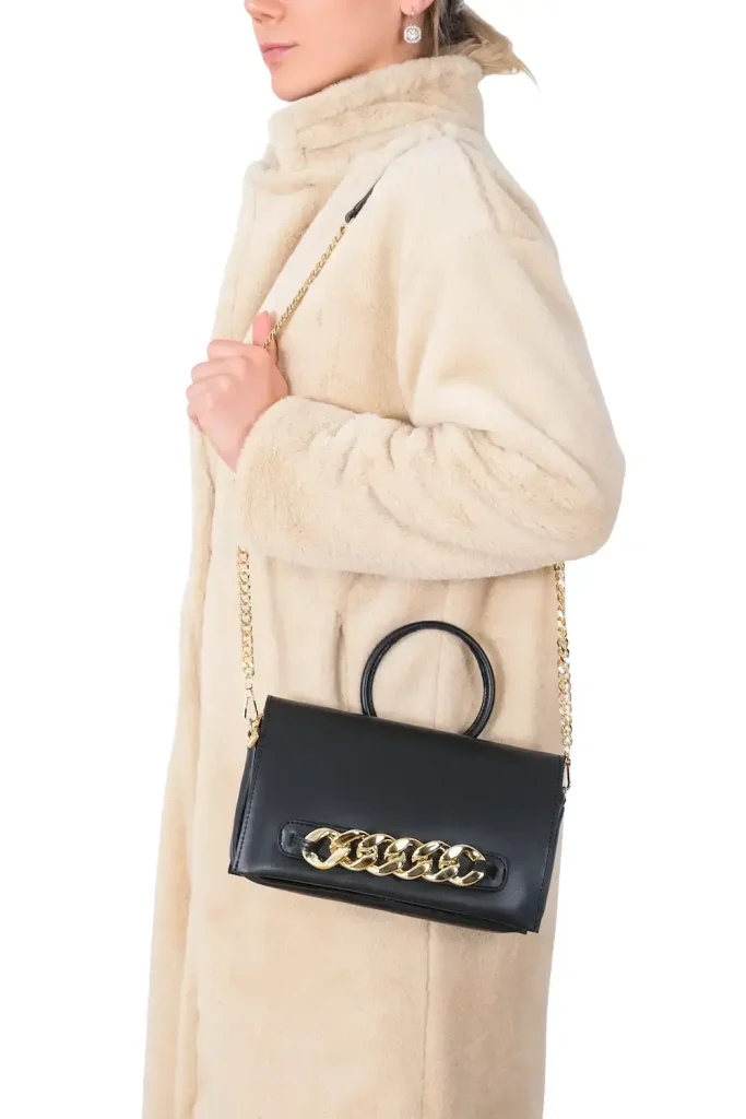 Embossed Leather Bag - Black with Gold Chain Details - Motrati