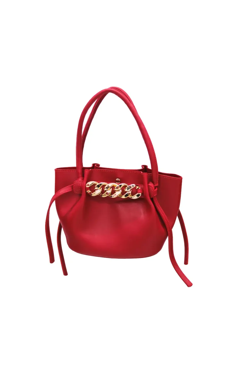 Red Leather Embossed Bag - Gold Chain Details with Magnetic Clasp - Motrati