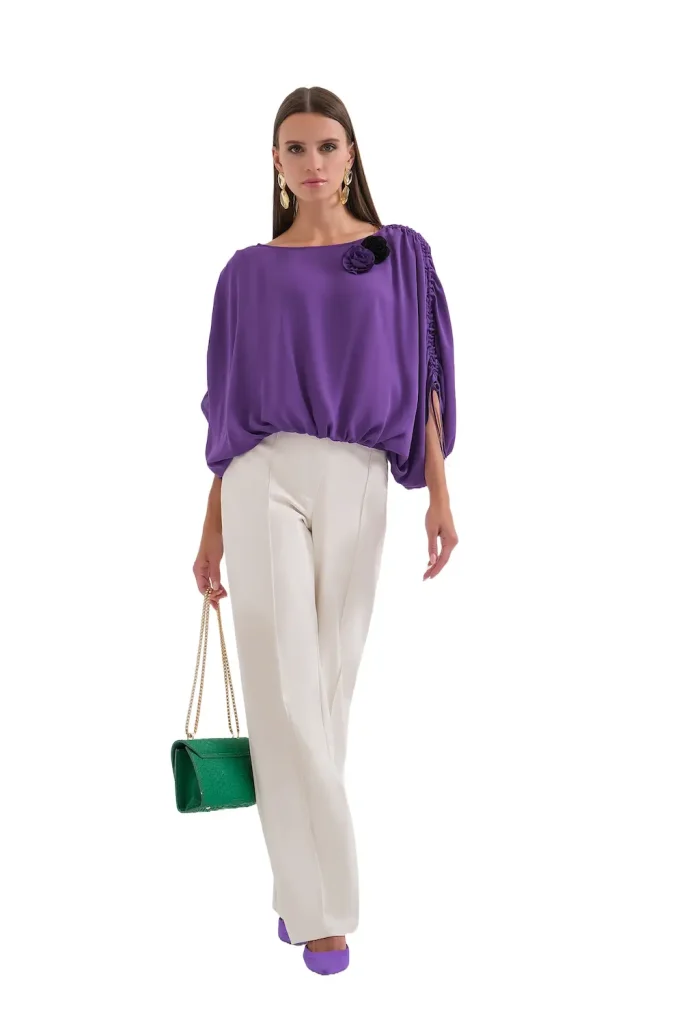 Ruffle Sleeve Blouse - Purple & Red with Detachable Brooch - Motrati