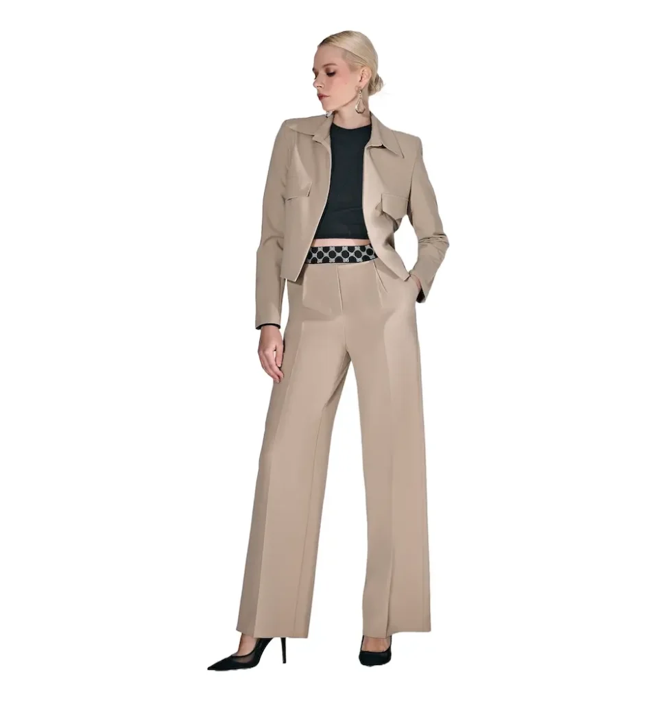 Beige wide-leg army jacket suit with a tailored fit and modern military-inspired design, perfect for stylish outfits