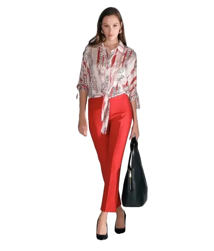 Collared-button-up-blouse-with-front-tie-Blouse-red-