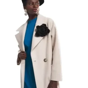 Double Breasted Oversized Coat - Off-White Winter Coat with Brooch - Motrati