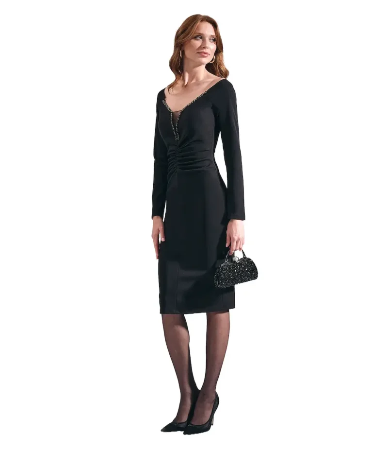 Eulalia black fitted dress with long sleeves, featuring a sleek and elegant design for a sophisticated, flattering look.