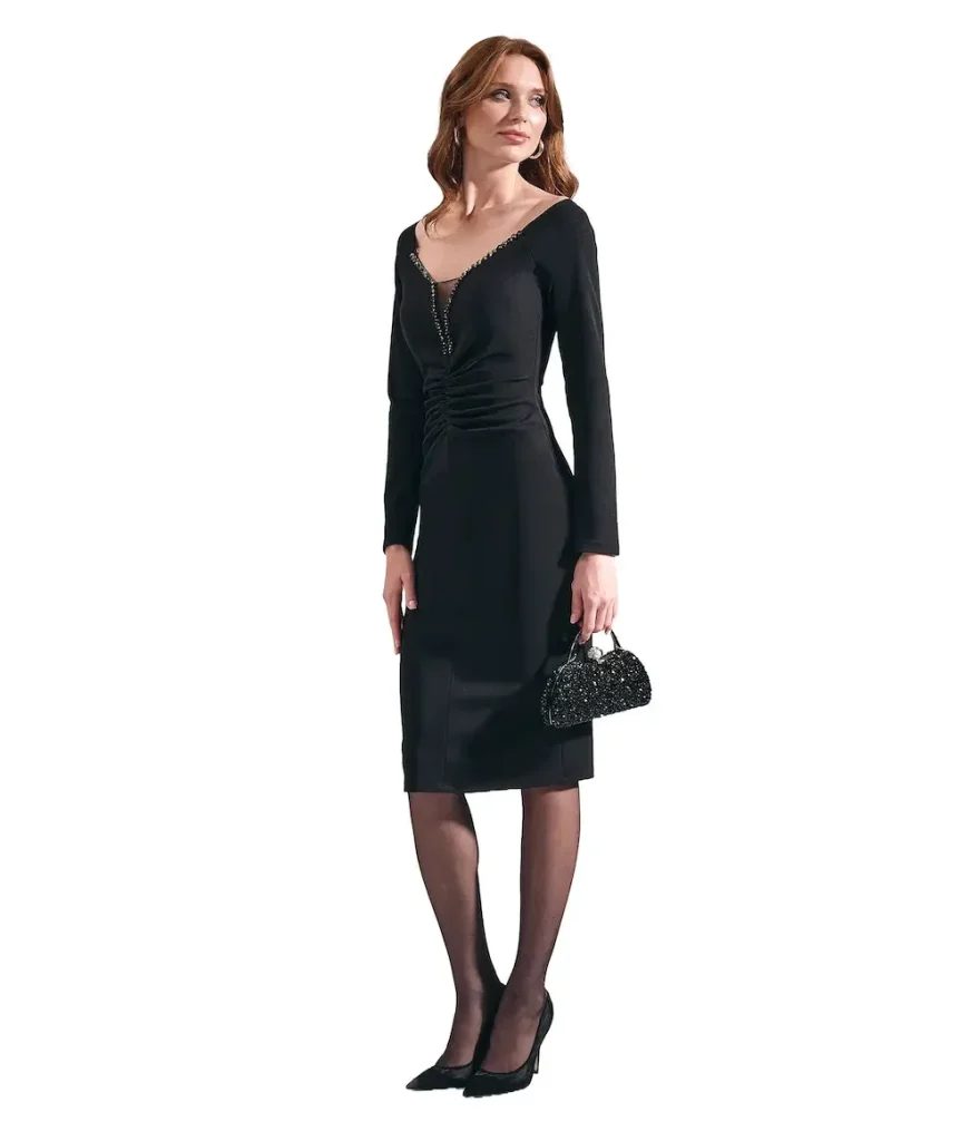 Fitted Midi Dress - Black with Jewel Embellishments - Motrati