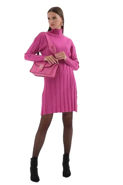 Ezgis-collared-knitted-fitted-dress-long-sleeves--pink-color