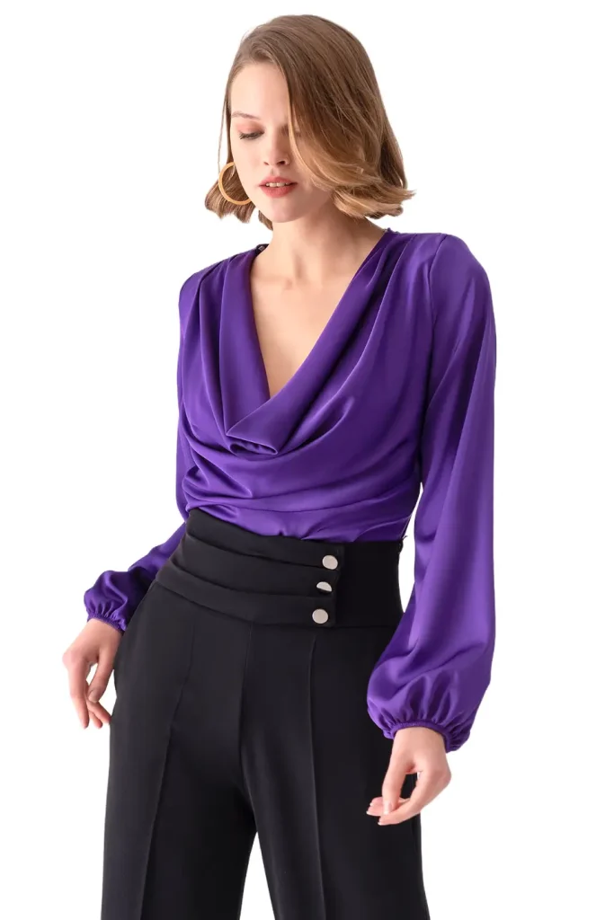 Luna Long-Sleeve Purple Bodysuit - Satin-Finish Contouring Base Layer | Luxe Eveningwear Essential for Seamless Styling