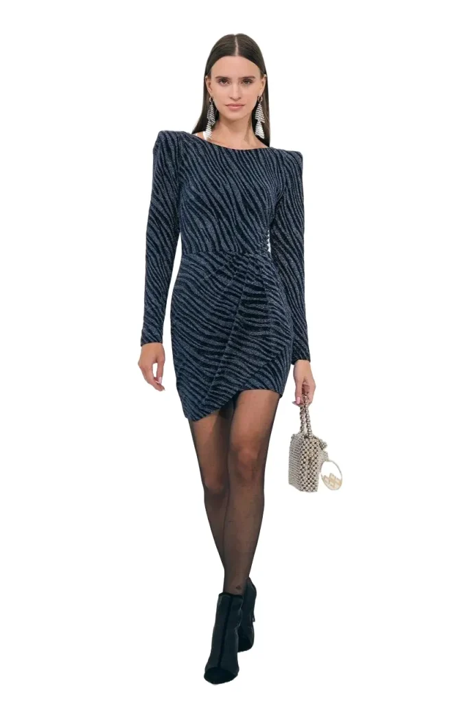 Mirka mini zebra print shiny dress, offering a bold and stylish design with a sleek, eye-catching pattern for a chic look.