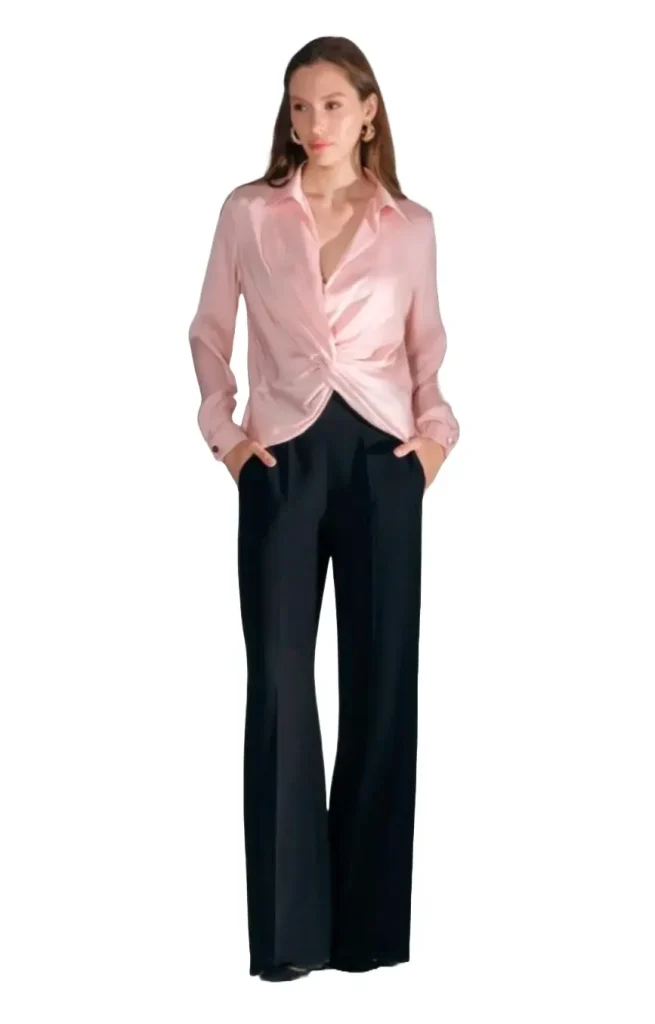 Satin Collared Blouse - White and Pink with Knotted Detail - Motrati