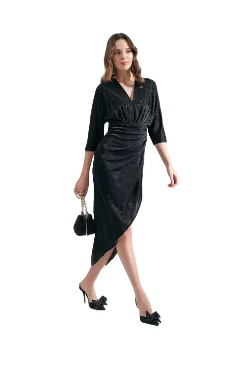 Shiny-textured-long-black-dress-