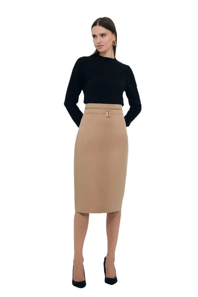 Uliva pencil skirt in camel color with gold zipper details, offering a sleek and elegant fit for a polished, fashionable look.