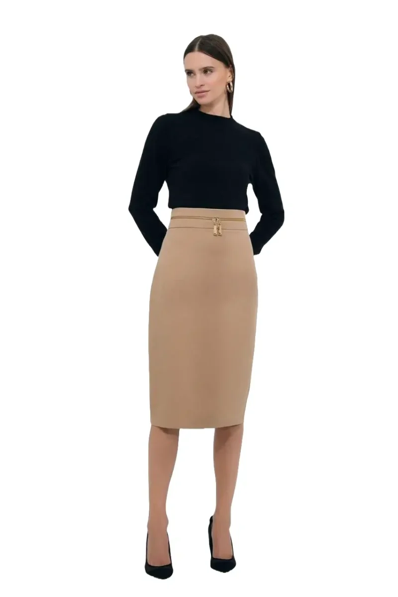 Uliva pencil skirt in camel color with gold zipper details, offering a sleek and elegant fit for a polished, fashionable look.